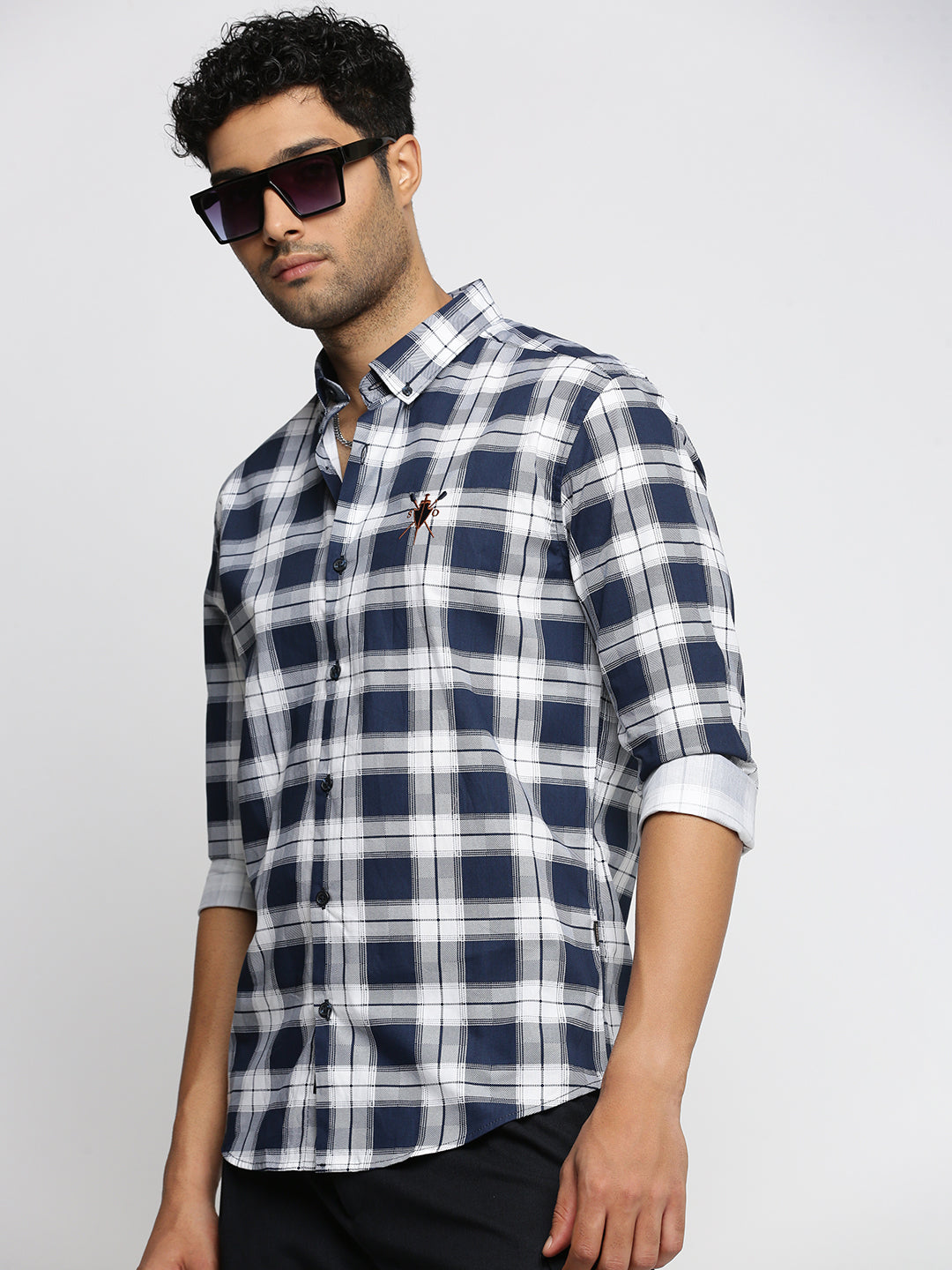 Men Navy Blue Spread Collar Tartan Checks Shirt