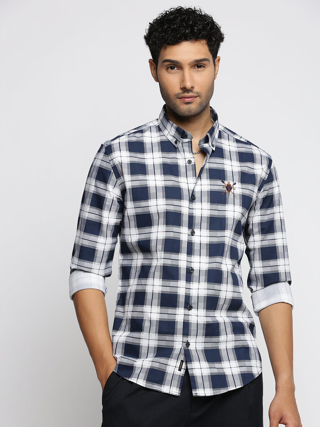 Men Navy Blue Spread Collar Tartan Checks Shirt