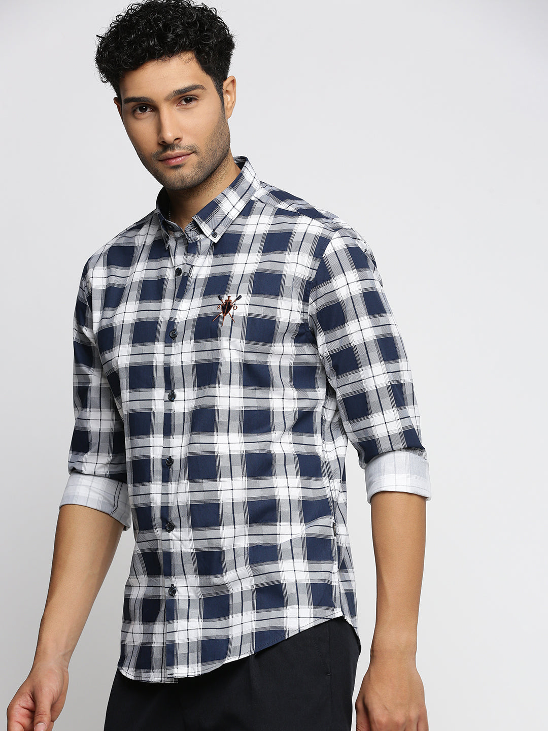 Men Navy Blue Spread Collar Tartan Checks Shirt