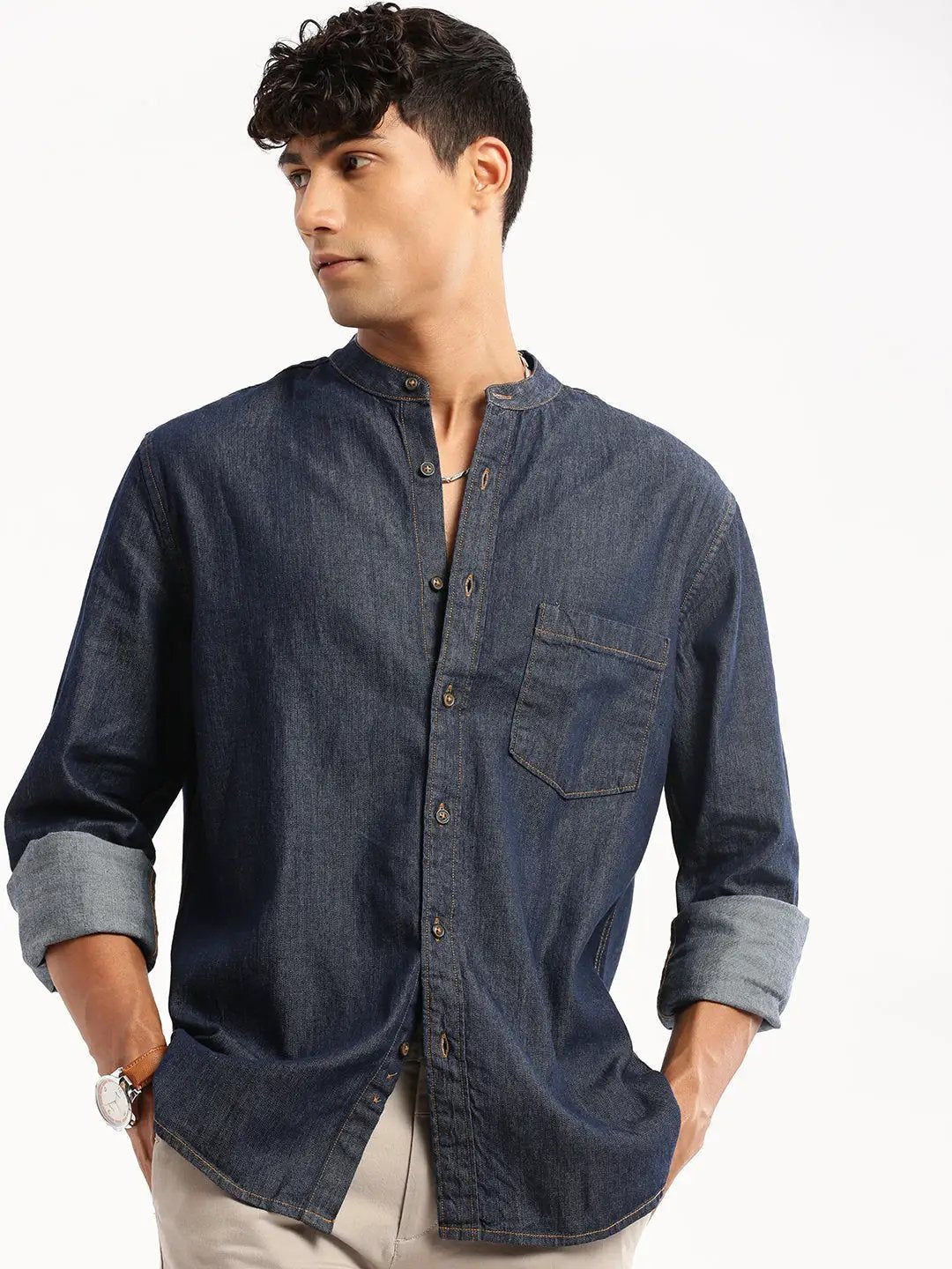 Men's Navy Blue Denim Slim Fit Cotton Casual Shirt