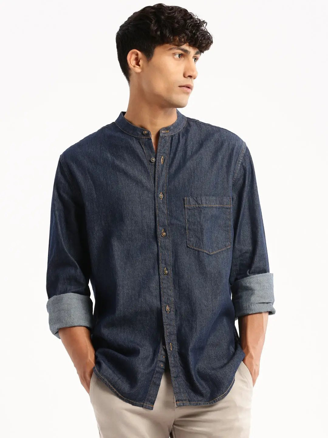 Men's Navy Blue Denim Slim Fit Cotton Casual Shirt
