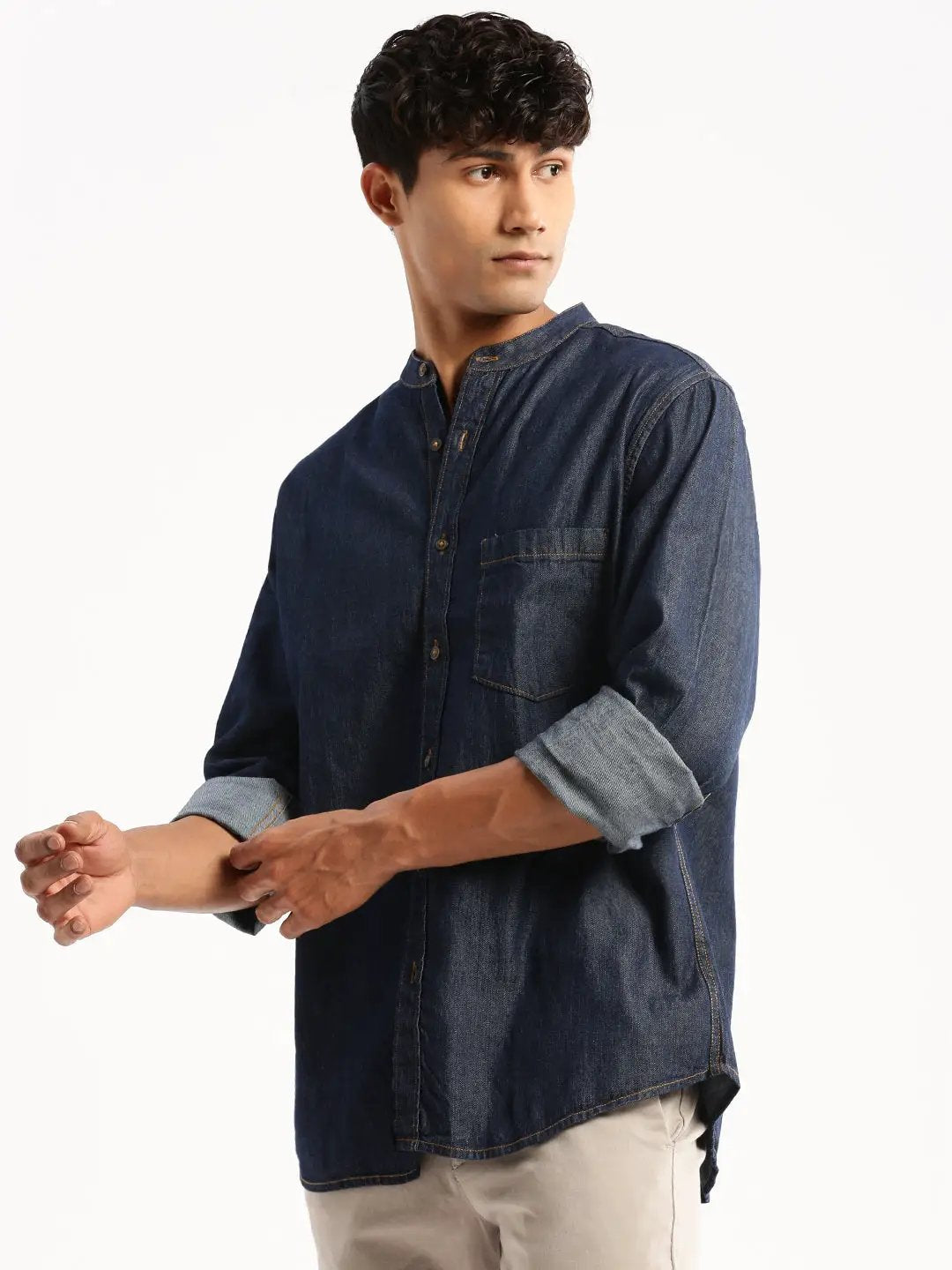 Men's Navy Blue Denim Slim Fit Cotton Casual Shirt