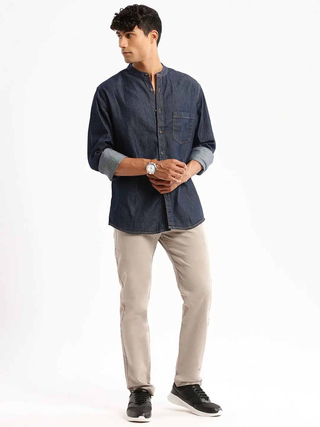 Men's Navy Blue Denim Slim Fit Cotton Casual Shirt