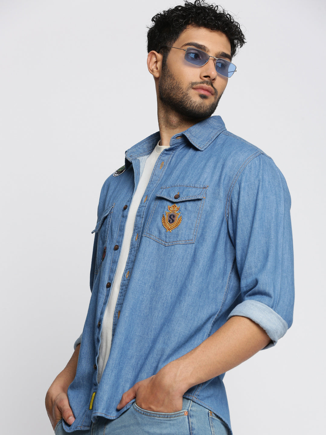 Men Blue Spread Collar Solid Oversized Shirt