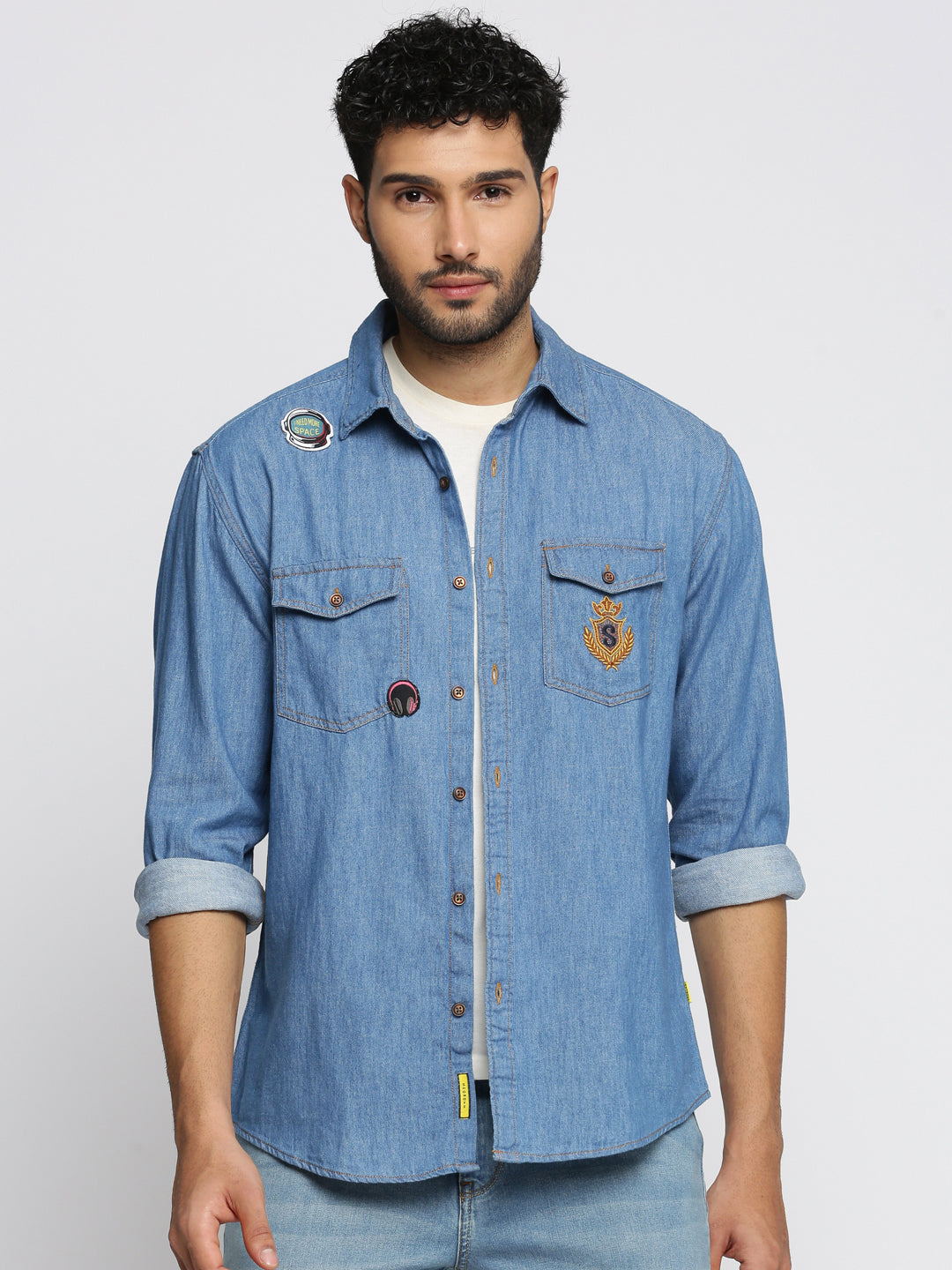 Men Blue Spread Collar Solid Oversized Shirt