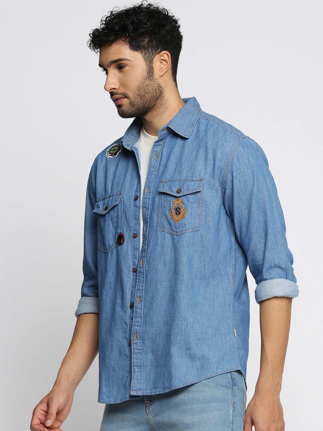 Men Blue Spread Collar Solid Oversized Shirt