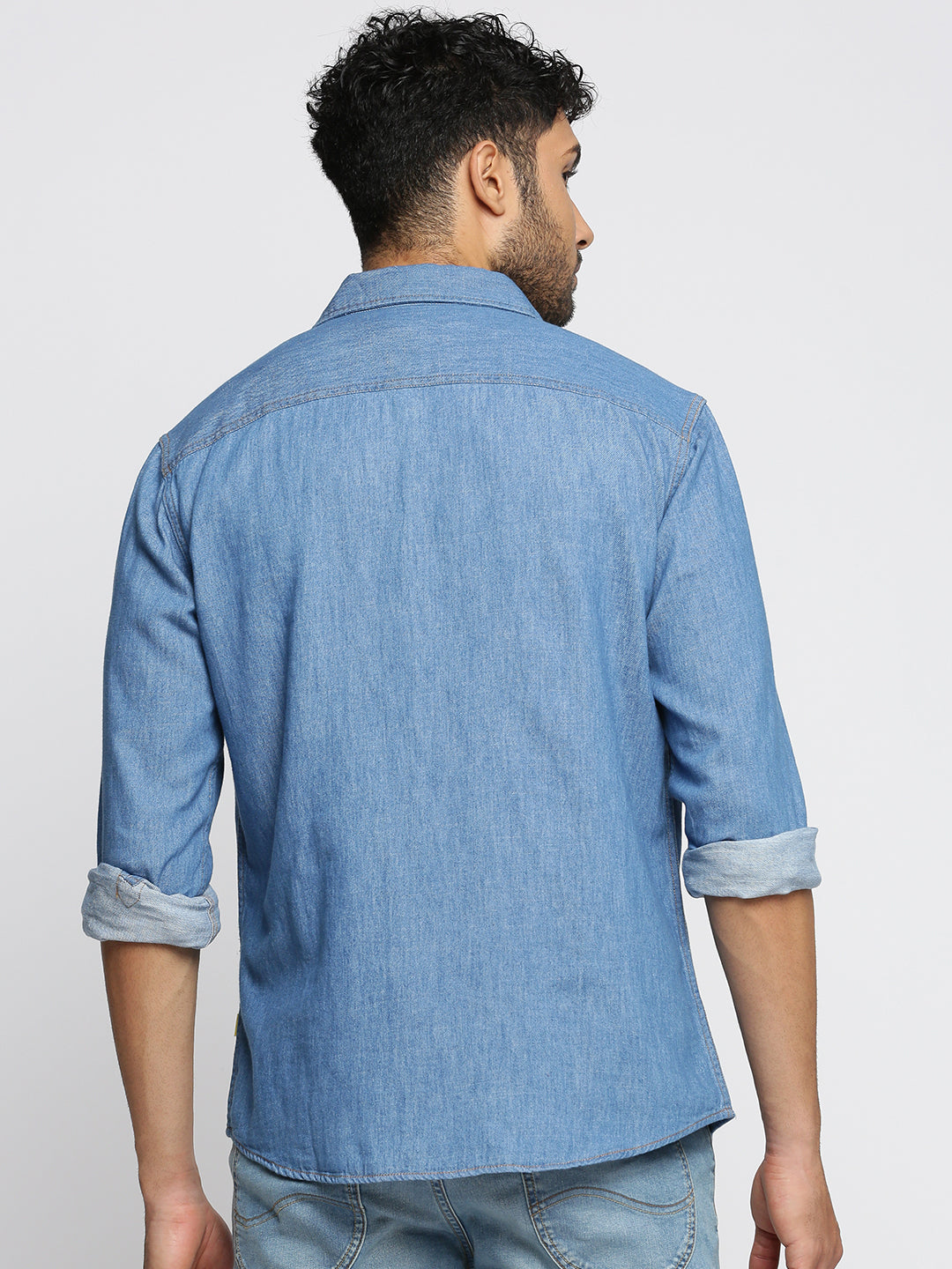 Men Blue Spread Collar Solid Oversized Shirt