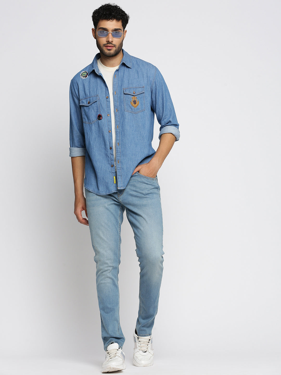 Men Blue Spread Collar Solid Oversized Shirt