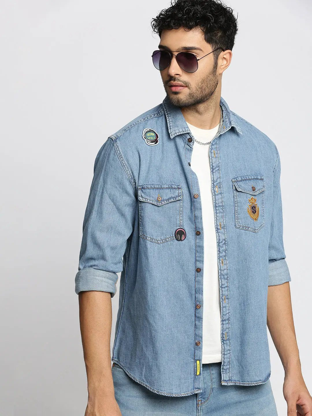 Men's Blue Spread Collar Solid Oversized Shirt