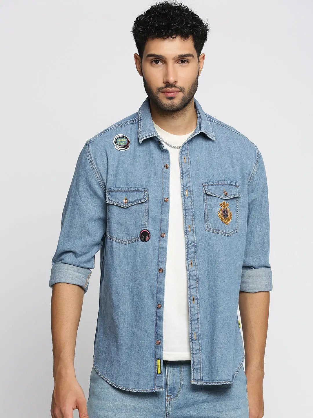 Men's Blue Spread Collar Solid Oversized Shirt