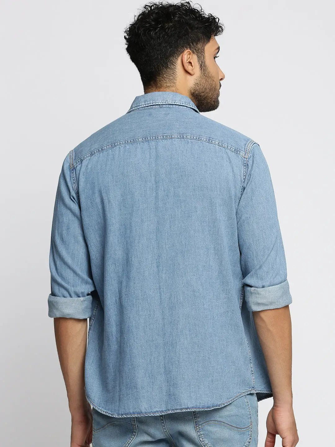 Men's Blue Spread Collar Solid Oversized Shirt