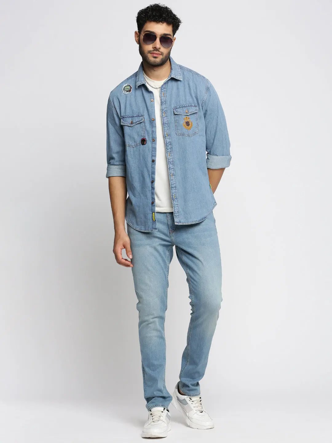 Men's Blue Spread Collar Solid Oversized Shirt