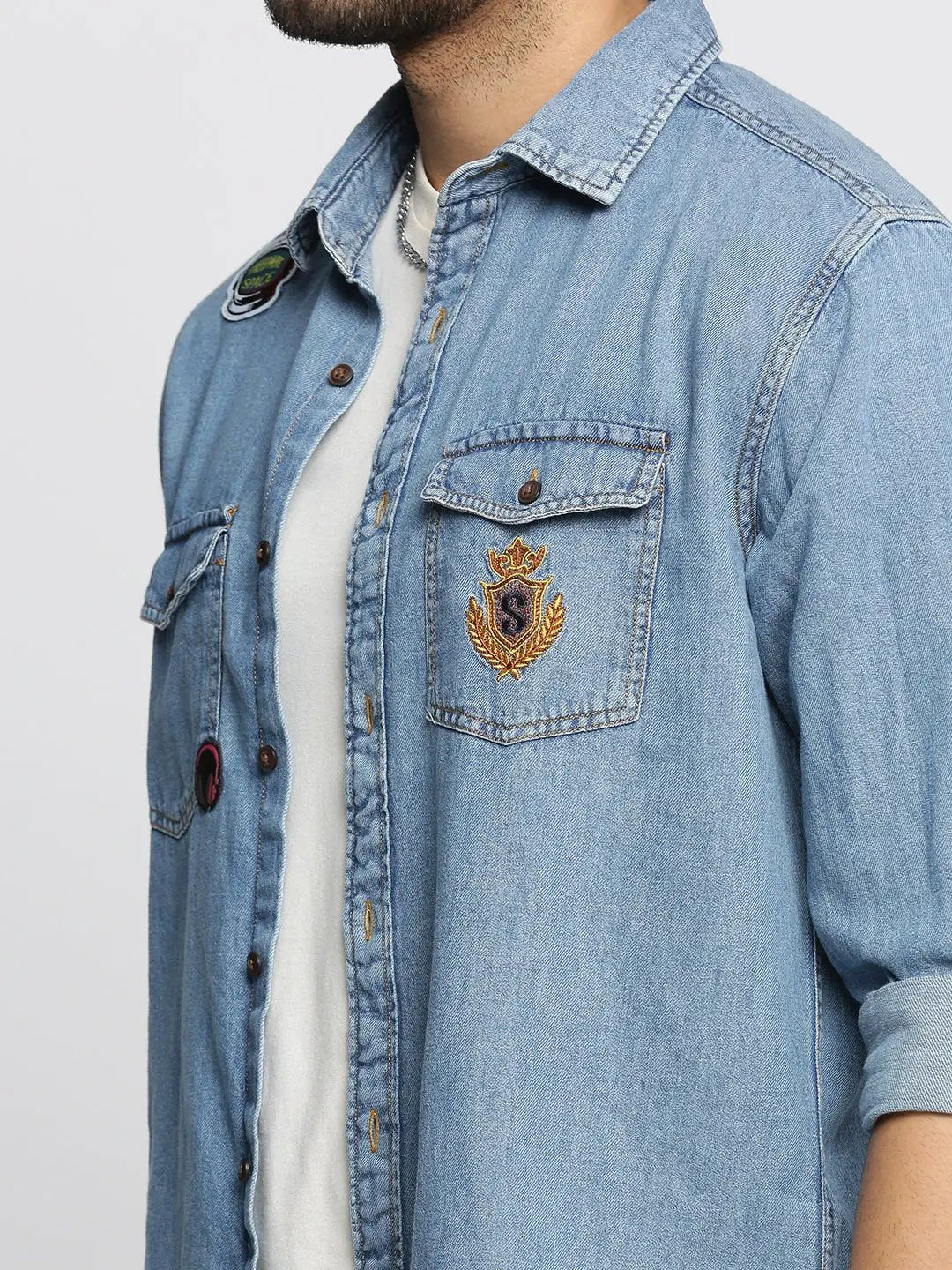 Men's Blue Spread Collar Solid Oversized Shirt