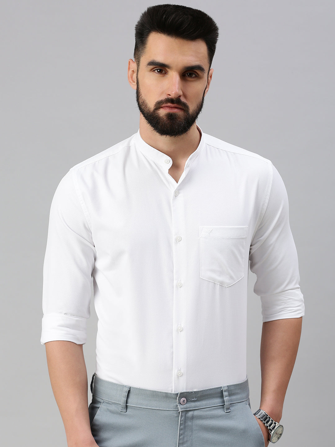 Men White Self Design Casual Shirt