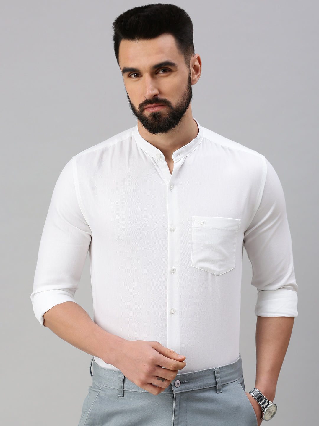 Men White Self Design Casual Shirt