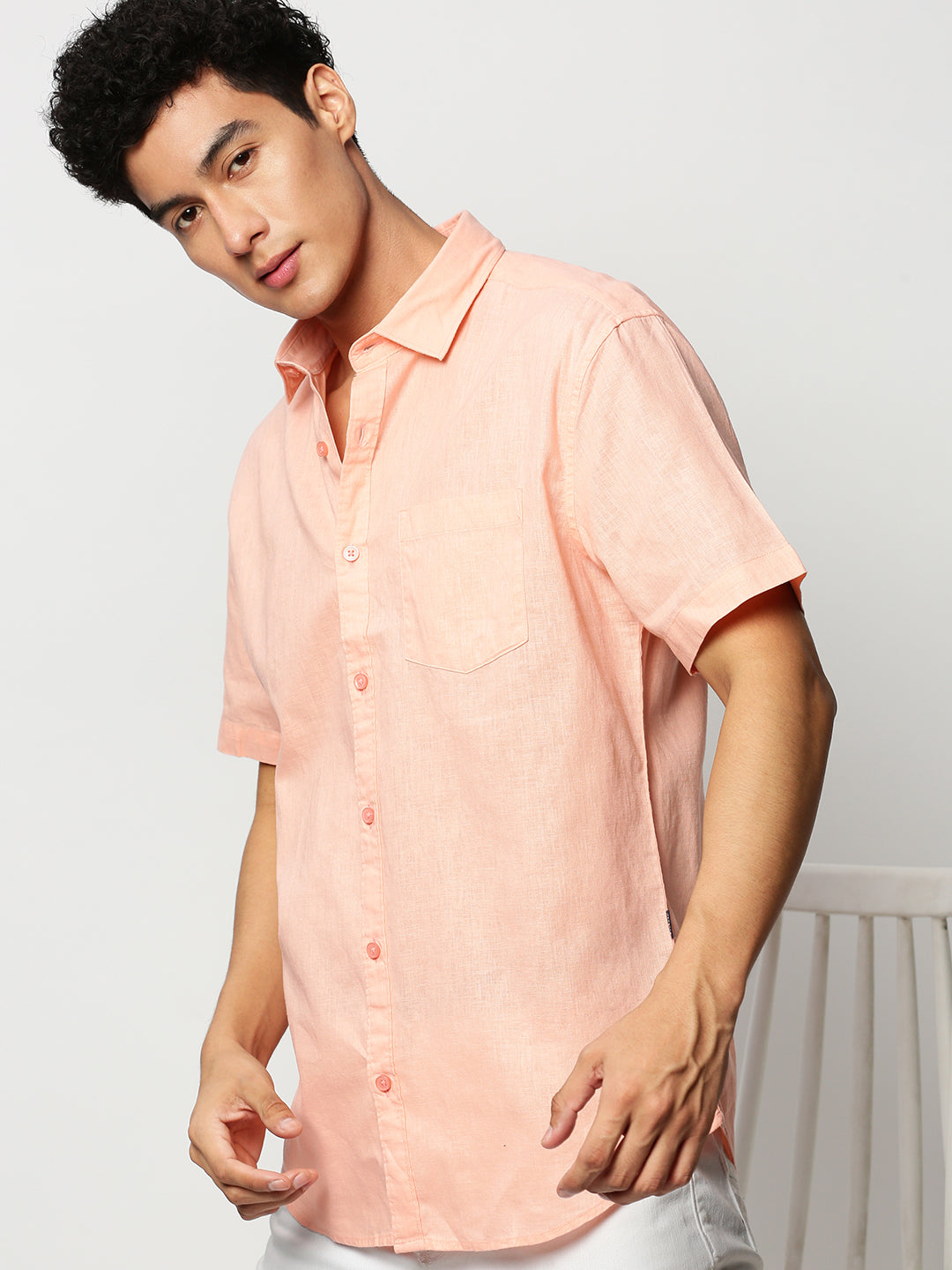 Men Peach Solid Casual Casual Shirts