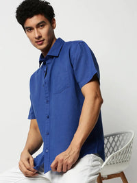 Men's Blue Premium Slim Fit Cotton Linen Chambray Casual Shirt