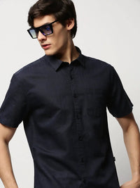 Men's Navy Blue Premium Slim Fit Chambray Weave Cotton Linen Casual Shirt