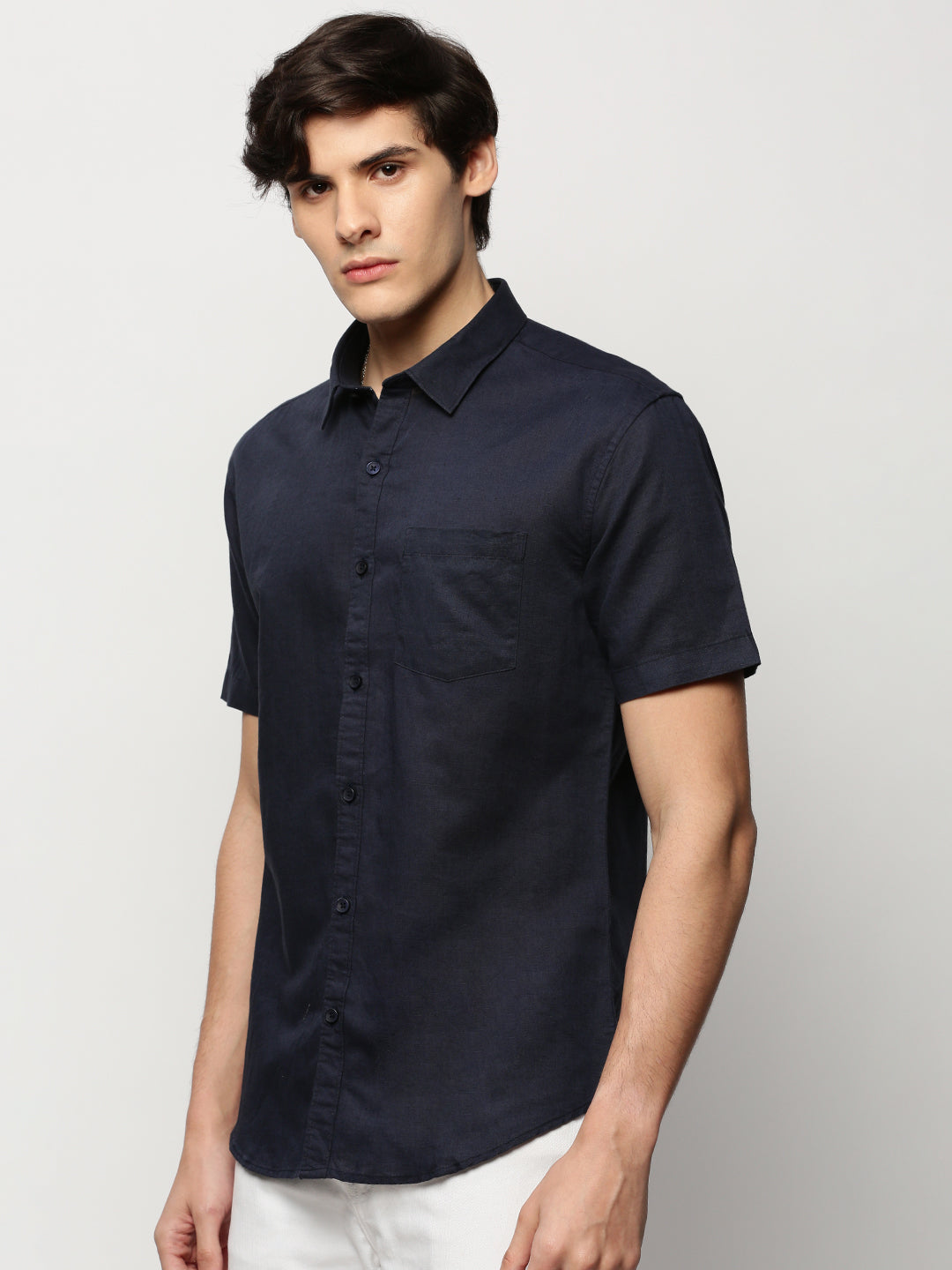 Men Navy Solid Casual Casual Shirts