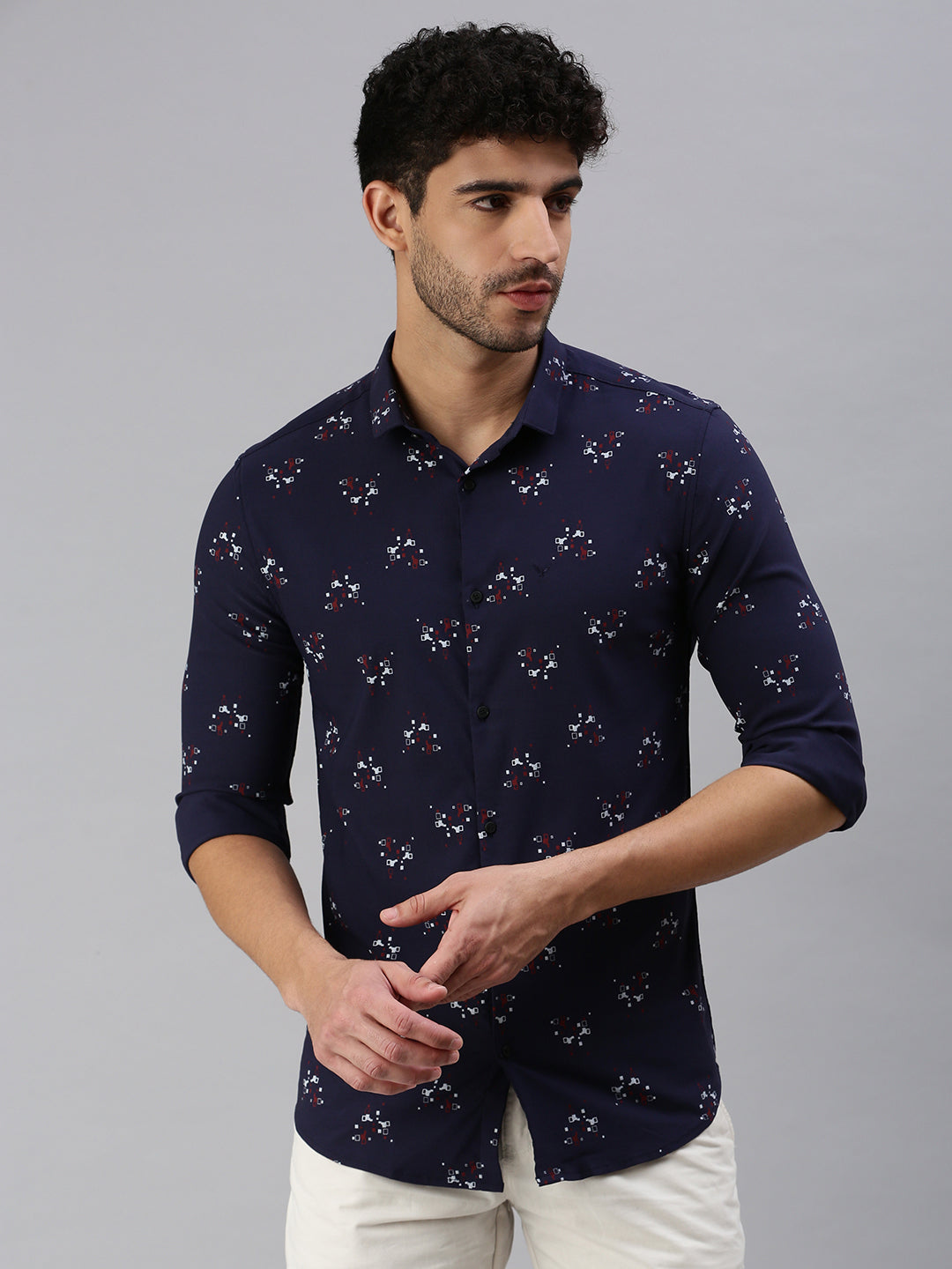 Men Navy Blue Printed Casual Shirt