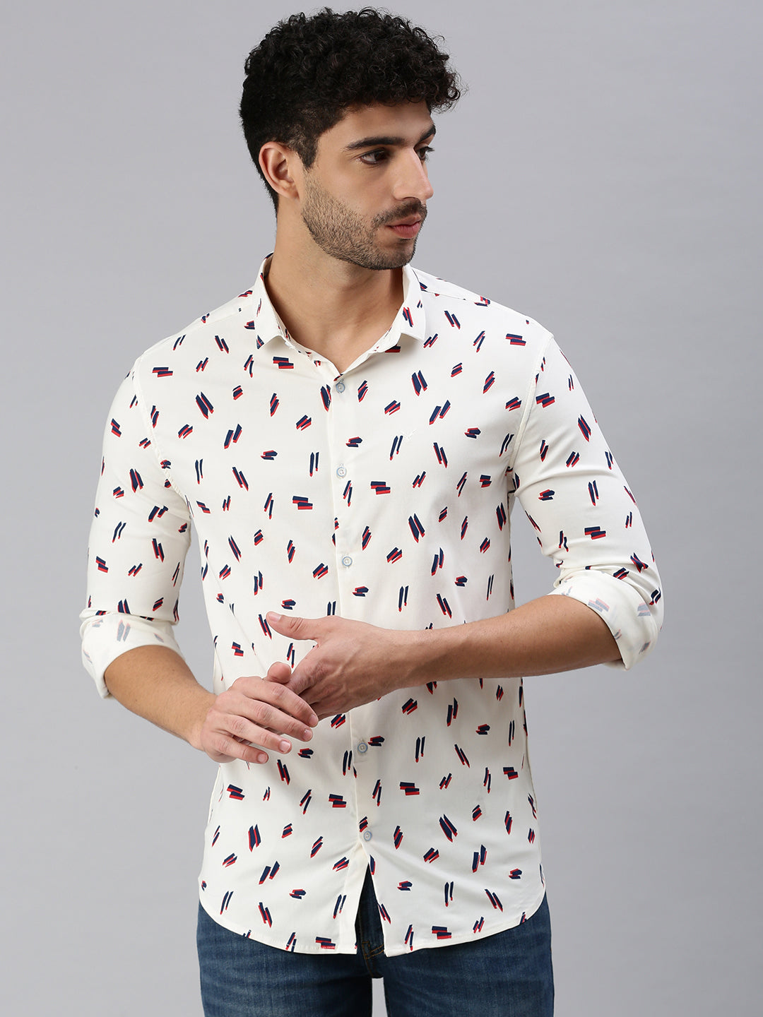 Men Cream Printed Casual Shirt