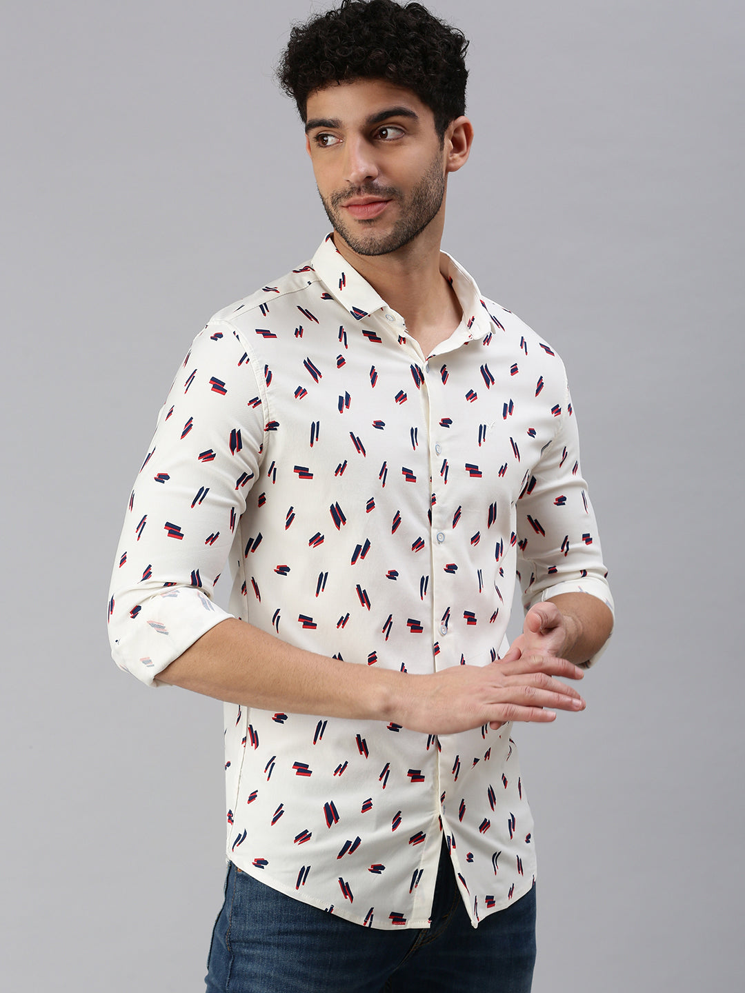 Men Cream Printed Casual Shirt