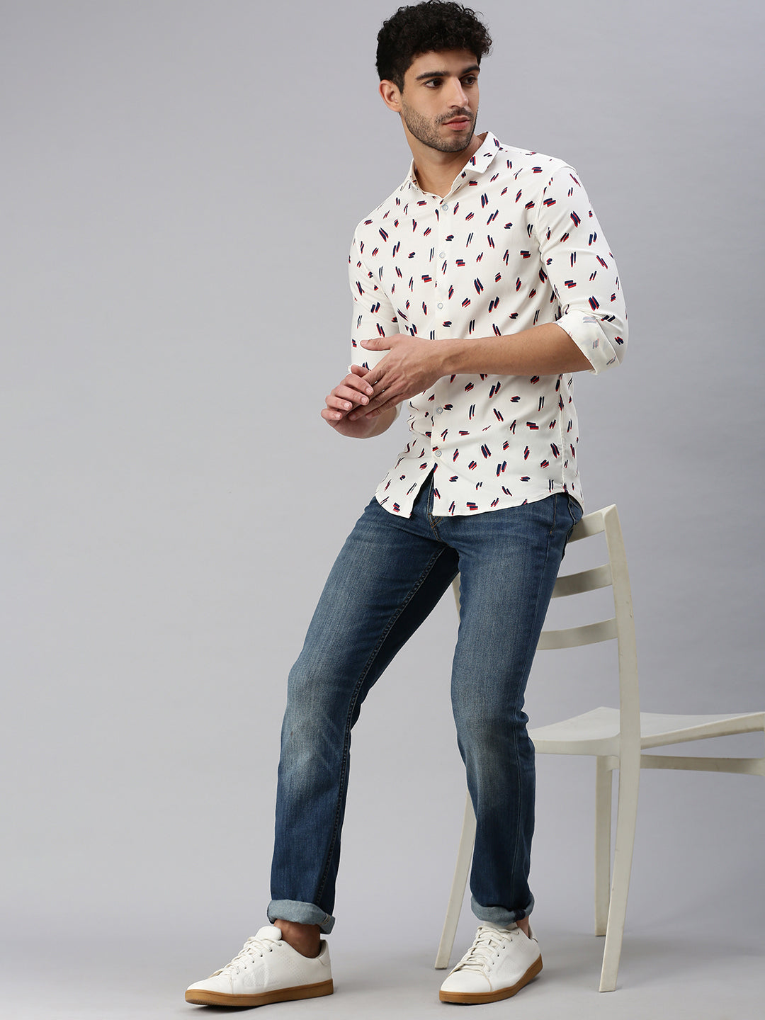 Men Cream Printed Casual Shirt