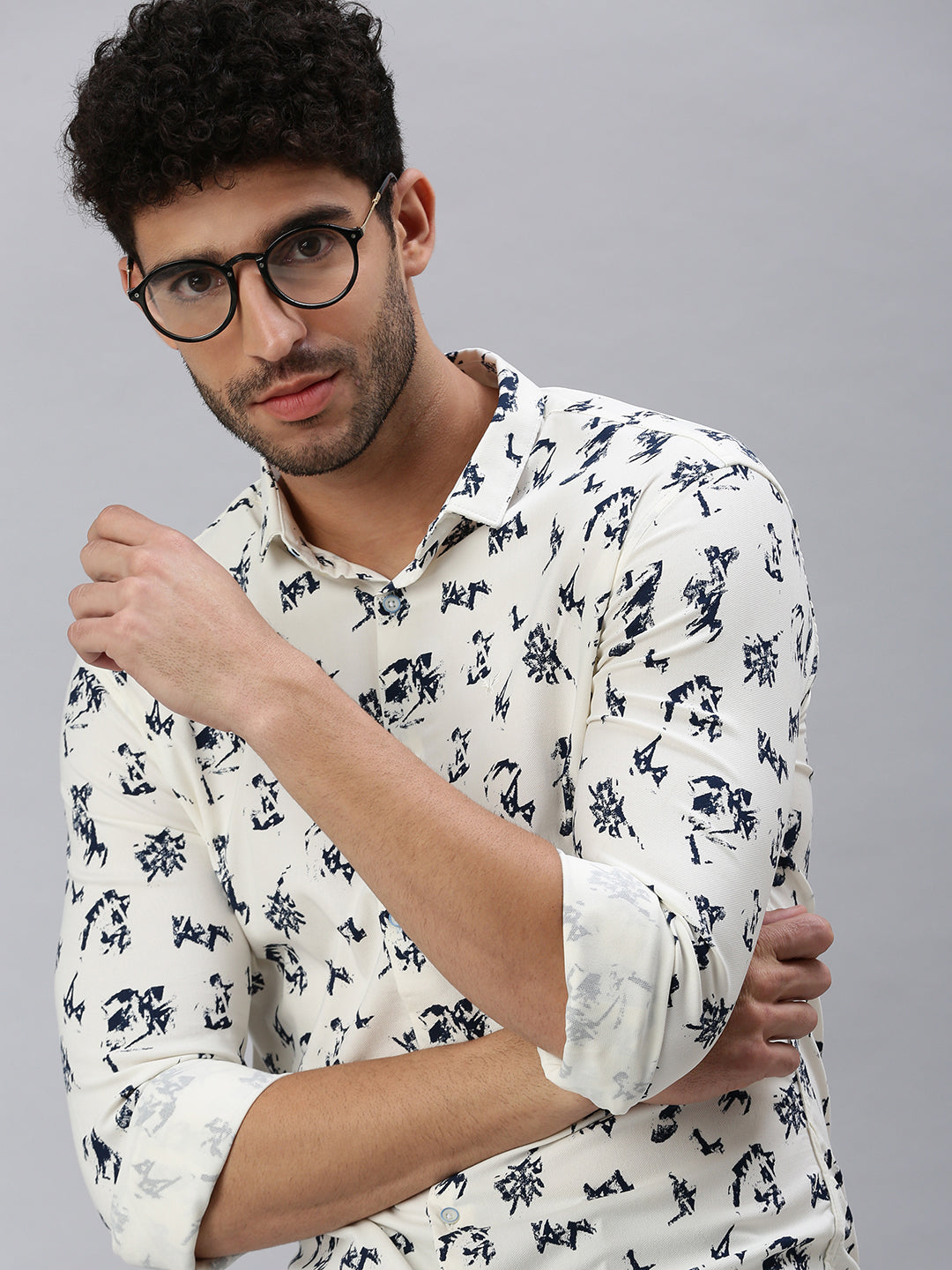 Men Cream Printed Casual Shirt