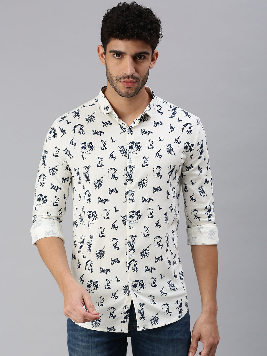 Men Cream Printed Casual Shirt