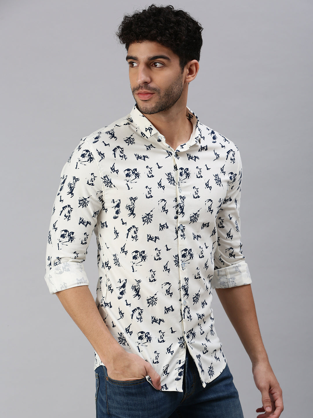 Men Cream Printed Casual Shirt