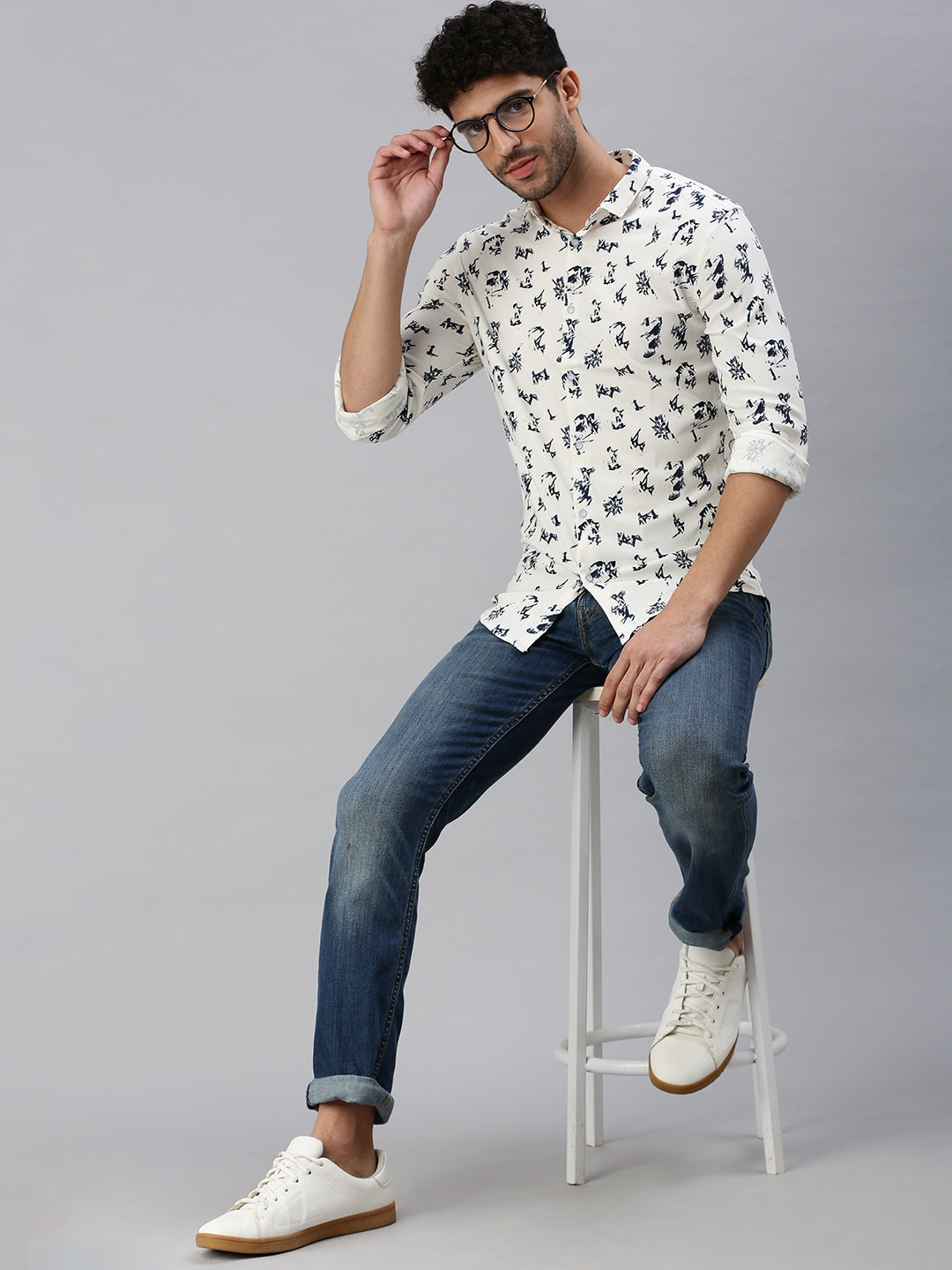 Men Cream Printed Casual Shirt