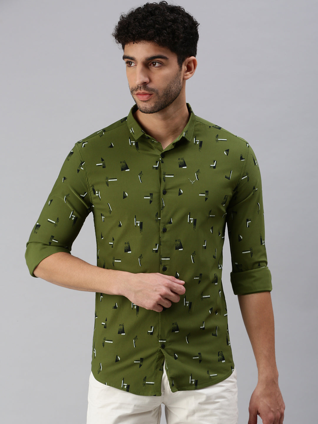 Men Olive Printed Casual Shirt