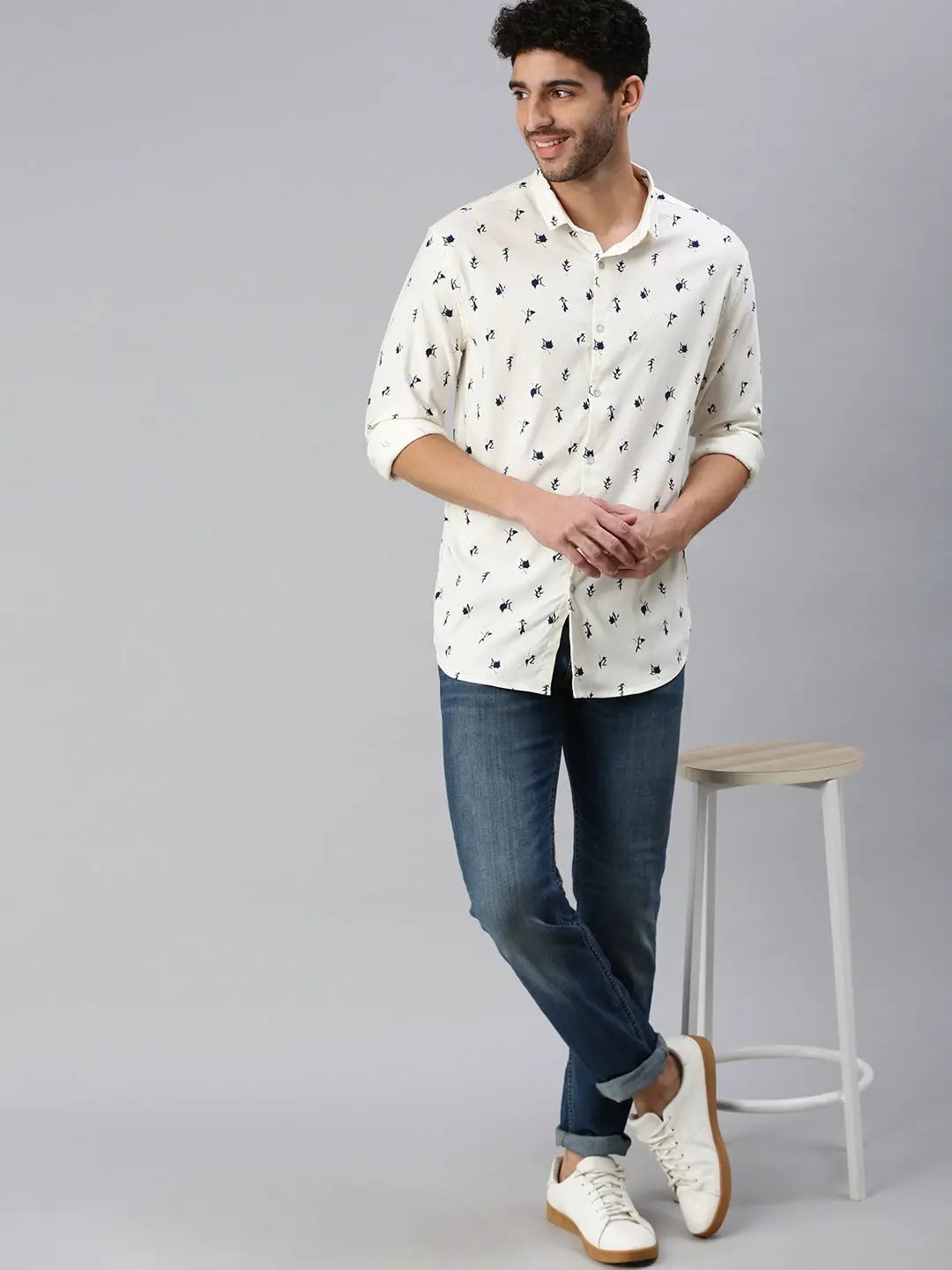 Men's Cream Printed Casual Shirt