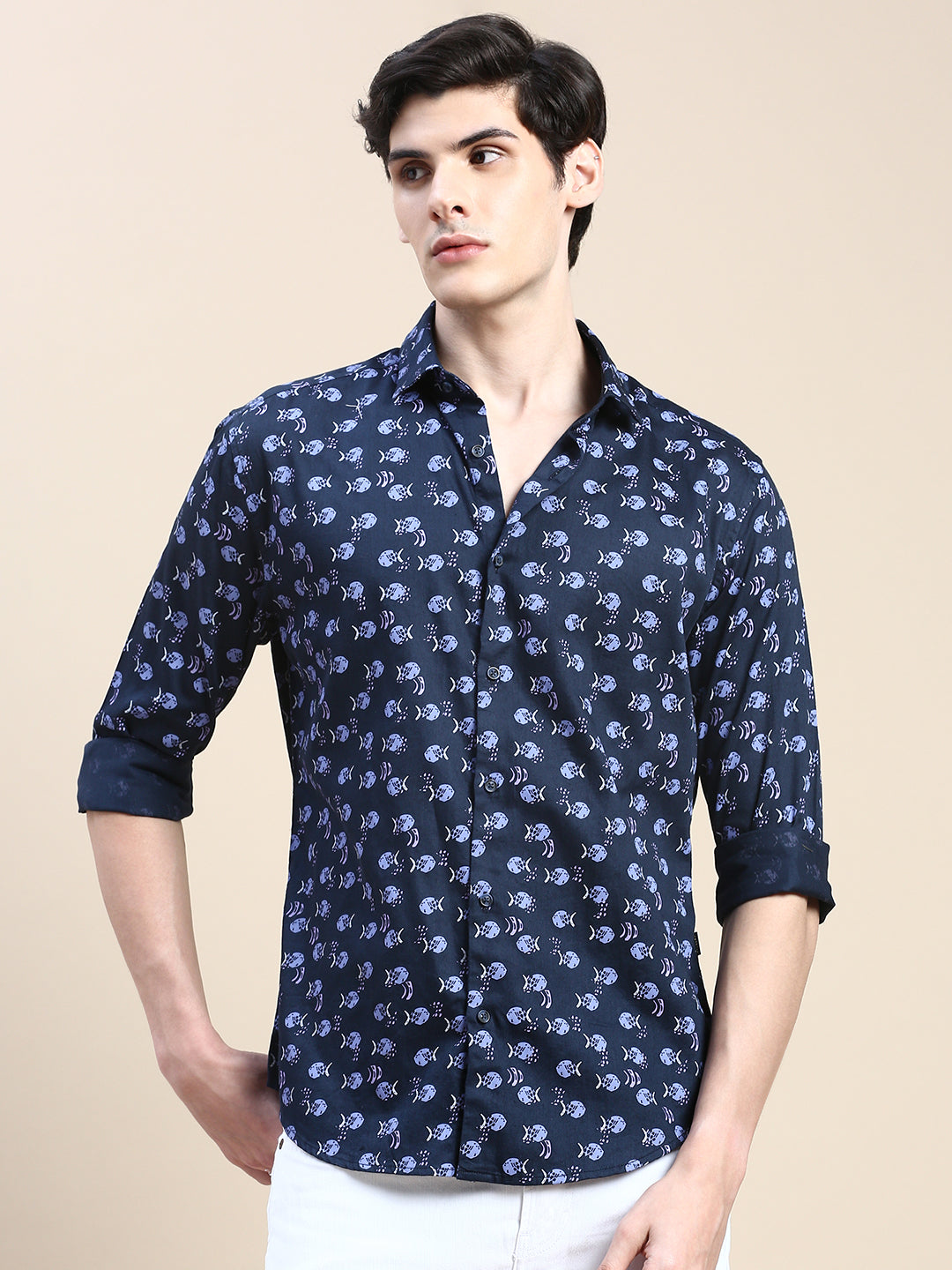 Men Navy Graphics Casual Shirt