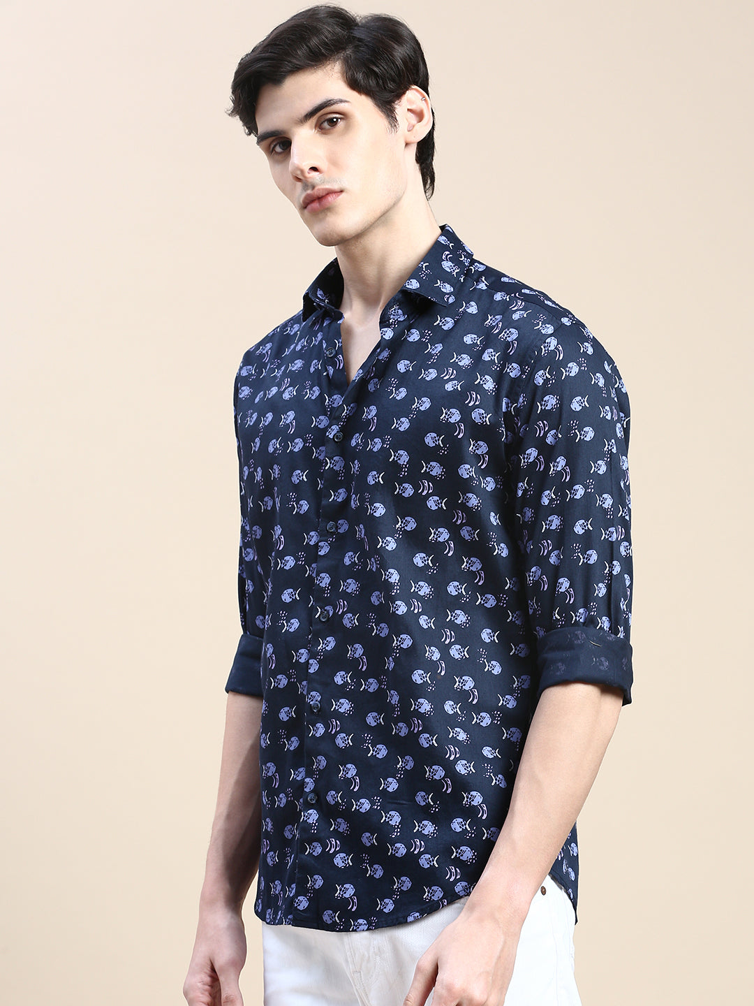 Men Navy Graphics Casual Shirt