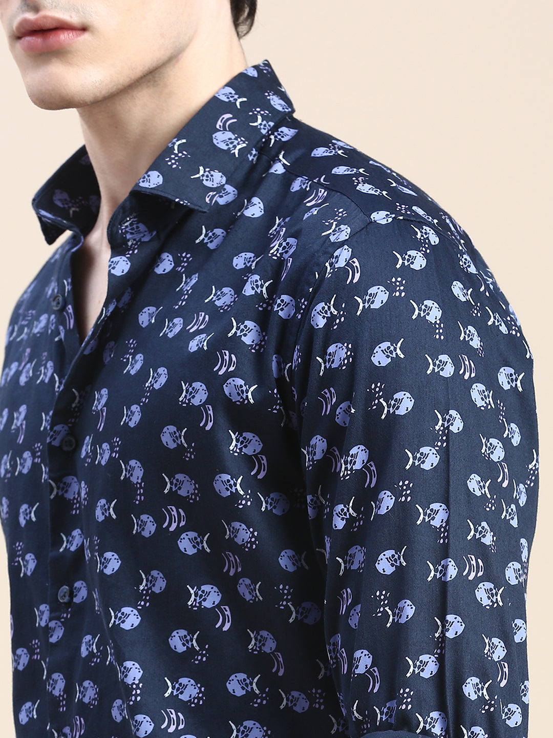 Men Navy Graphics Casual Shirt