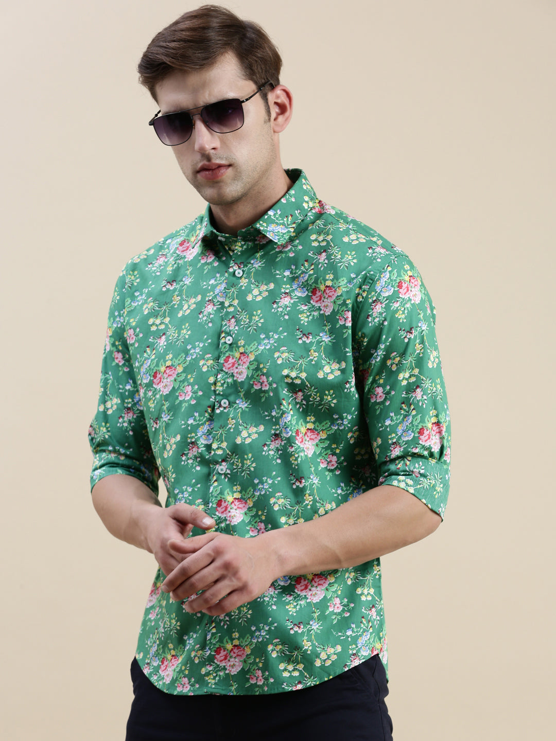 Men Green Floral Casual Shirt