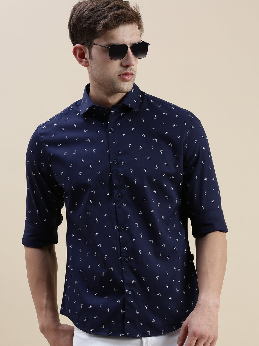 Men Navy Graphics Casual Shirt