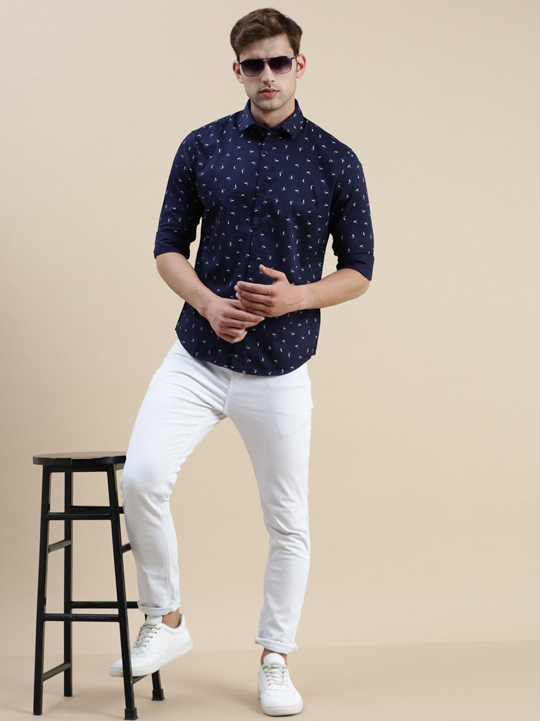 Men Navy Graphics Casual Shirt