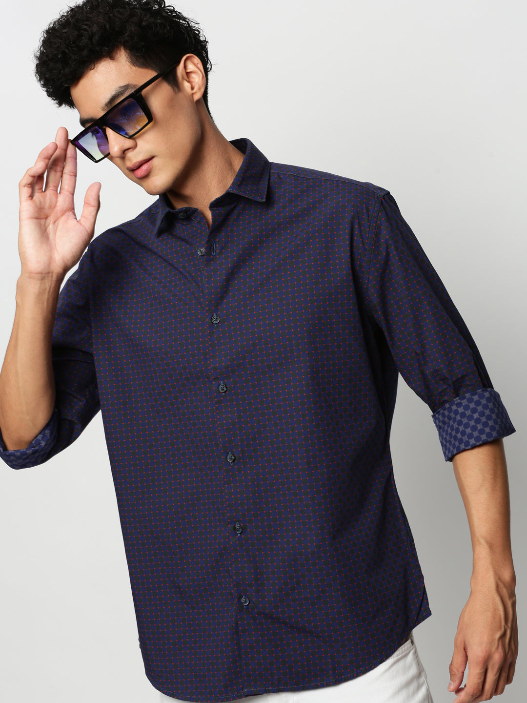 Men Navy Geometrical Casual Casual Shirts