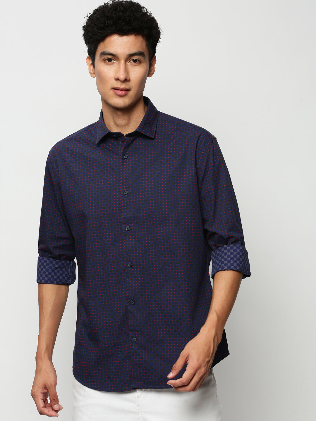 Men Navy Geometrical Casual Casual Shirts