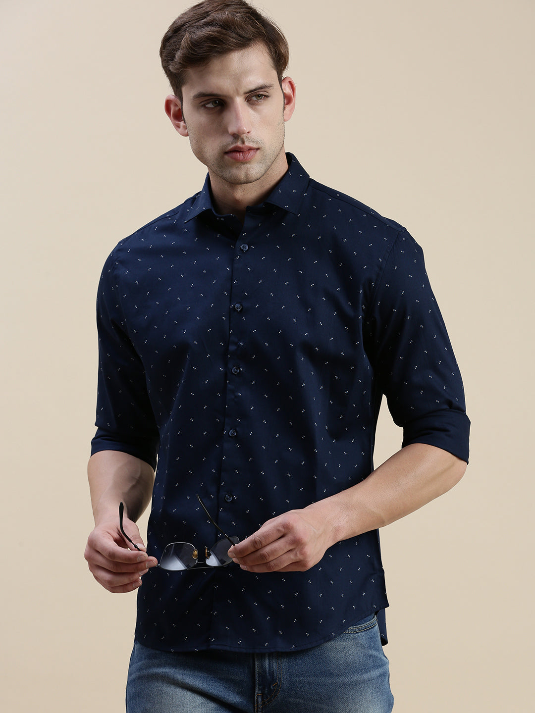 Men Navy Graphics Casual Shirt