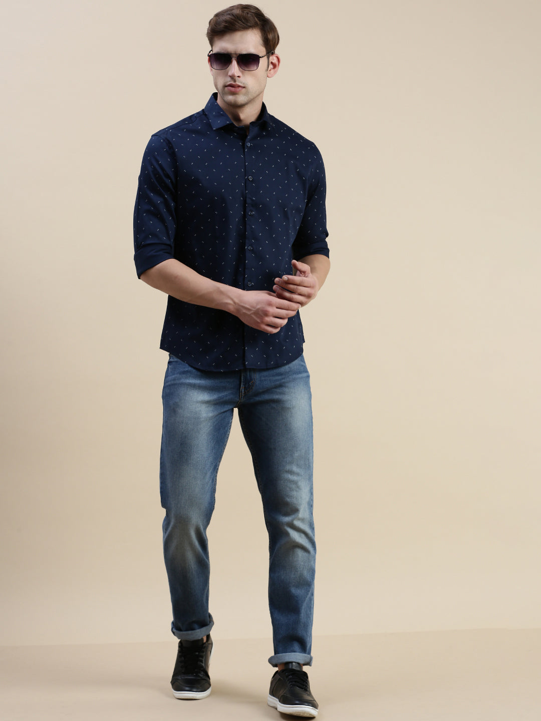 Men Navy Graphics Casual Shirt