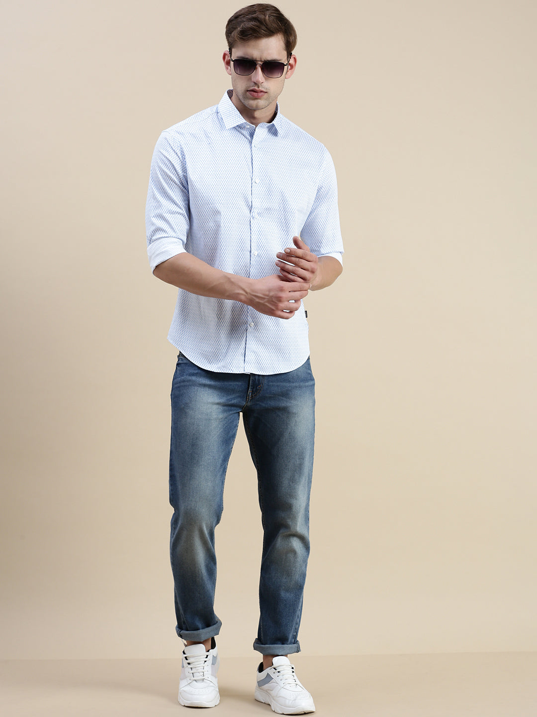 Men White Geometrical Casual Shirt