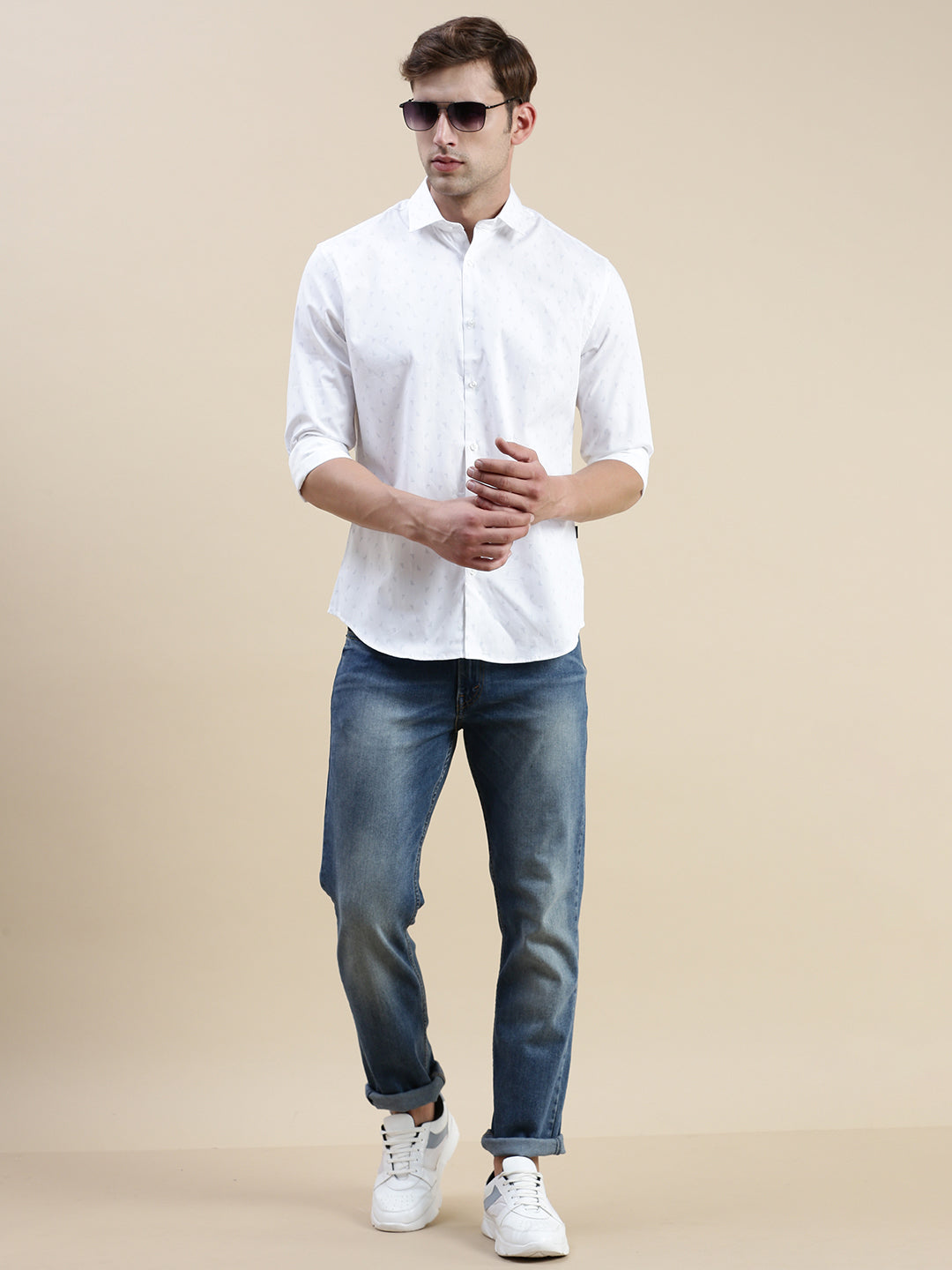 Men White Geometrical Casual Shirt