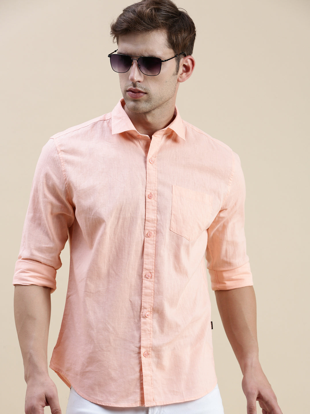 Men Peach Solid Casual Shirt