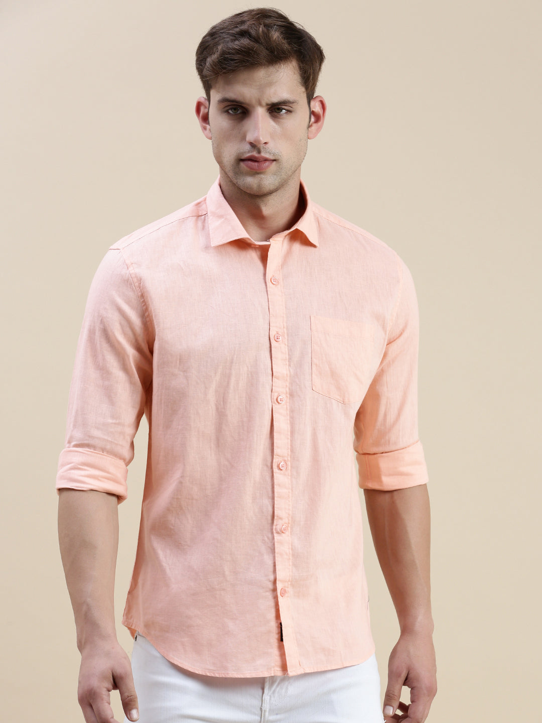 Men Peach Solid Casual Shirt