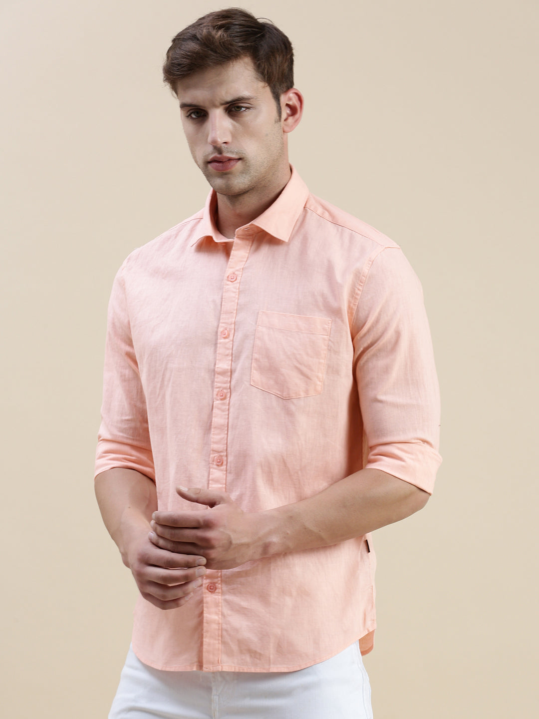 Men Peach Solid Casual Shirt