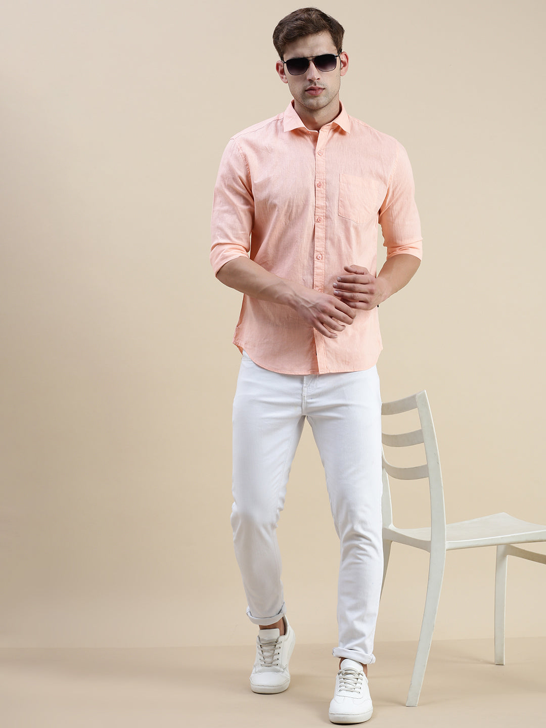 Men Peach Solid Casual Shirt