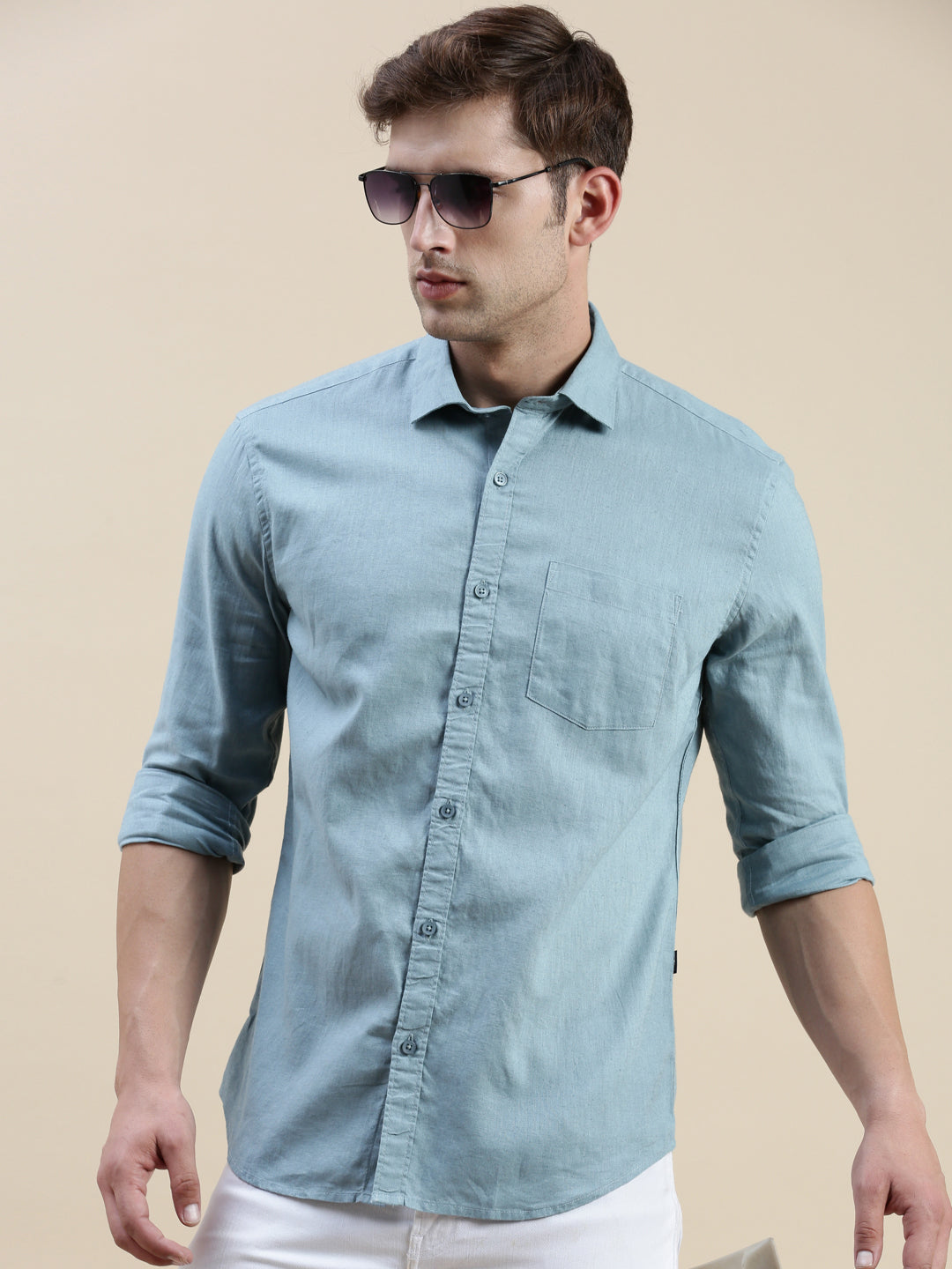 Men Teal Solid Casual Shirt